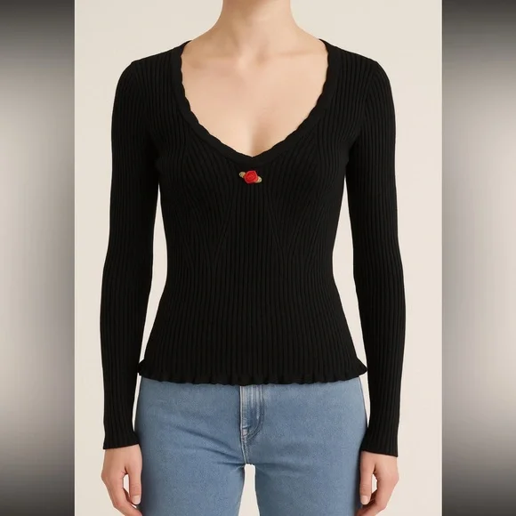 Rouje Black Ribbed Long Sleeve Top with Red Rose Accent - Picture 1 of 8